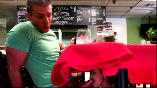 Gorgeous brunette college ex girlfriend under a table in diner sucking dick in public